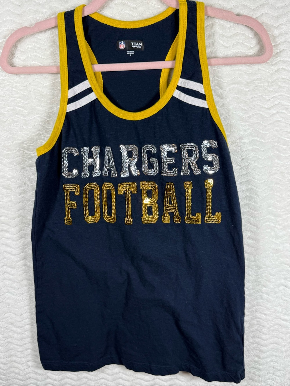 NFL Navy and Yellow Chargers Sequin Football Tank Top